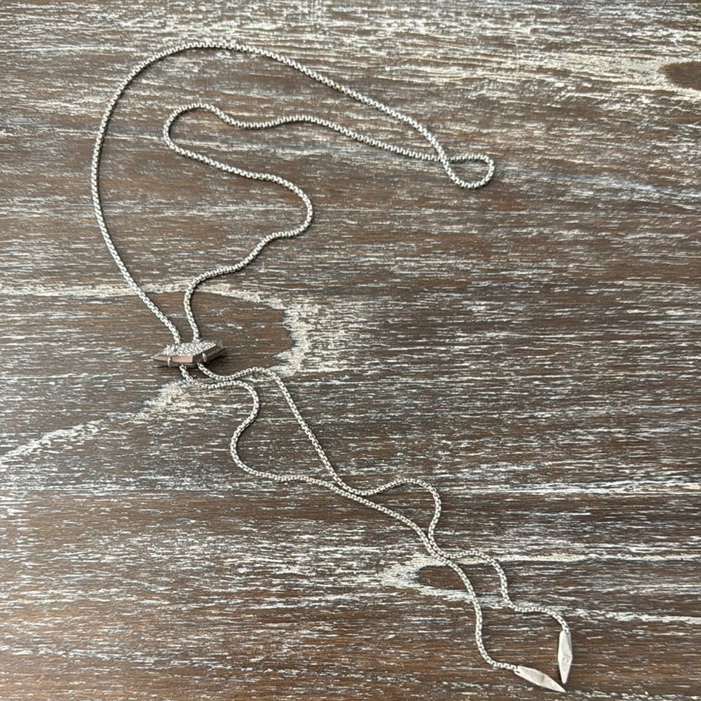 Kendra Scott Silver Lariat Crystal Bar Pendant Adjustable Layering Necklace
